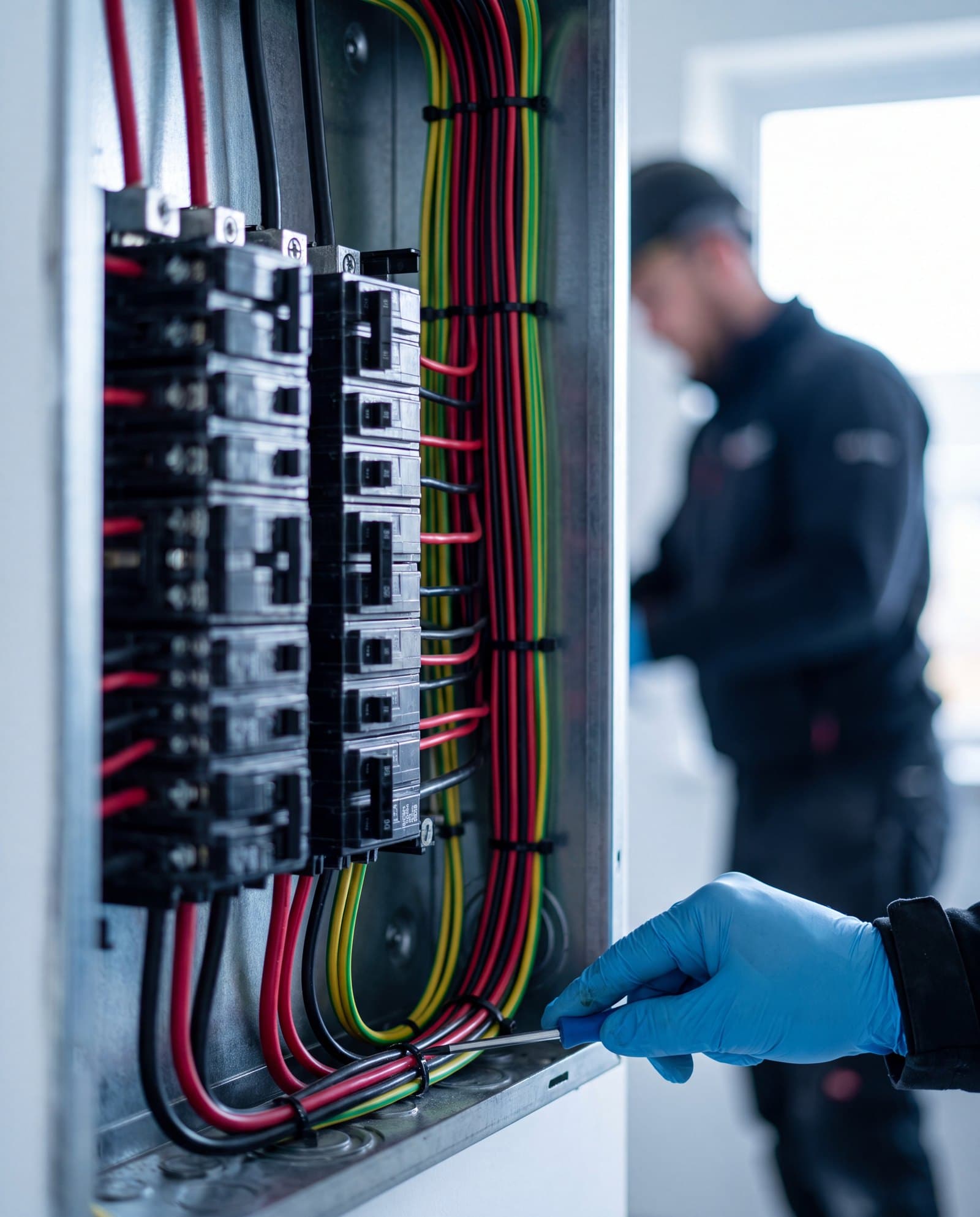 Close-up of a neatly wired residential switchboard, an electrician working in the background